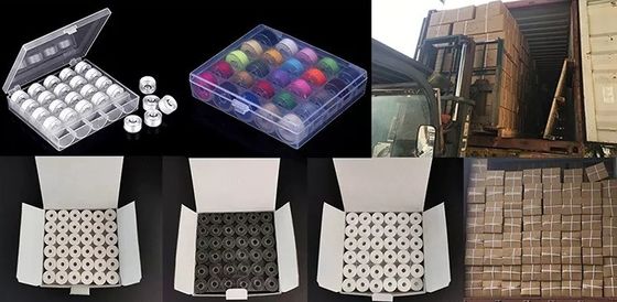 100% Poliéster Blanco 75d/2 144pcs/caja Tamaño L Poliéster Pre herida hilo de bobina para bordado